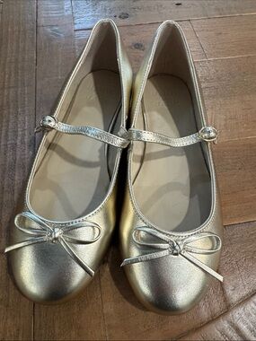 Janie and Jack Metallic Gold Mary Jane Flats with Bow Strap